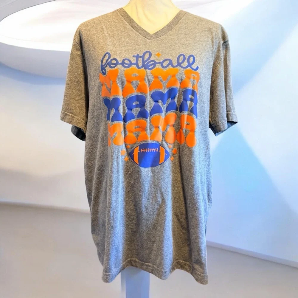 Gray 'Football Mama' V-Neck Graphic Tee - Grey with Blue & Orange Print Size XL - Picture 1 of 4